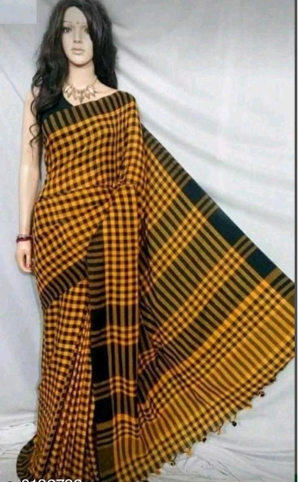 Handloom  Checked  Cotton Saree With Separate   Same louse Peace -  Free Size, Mustered, Cotton, Checked, Pack of1